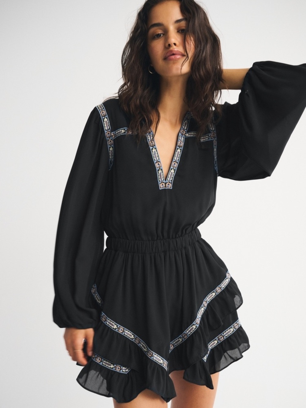 Abercrombie & Fitch Black Embroidered V-Neck Mini Dress